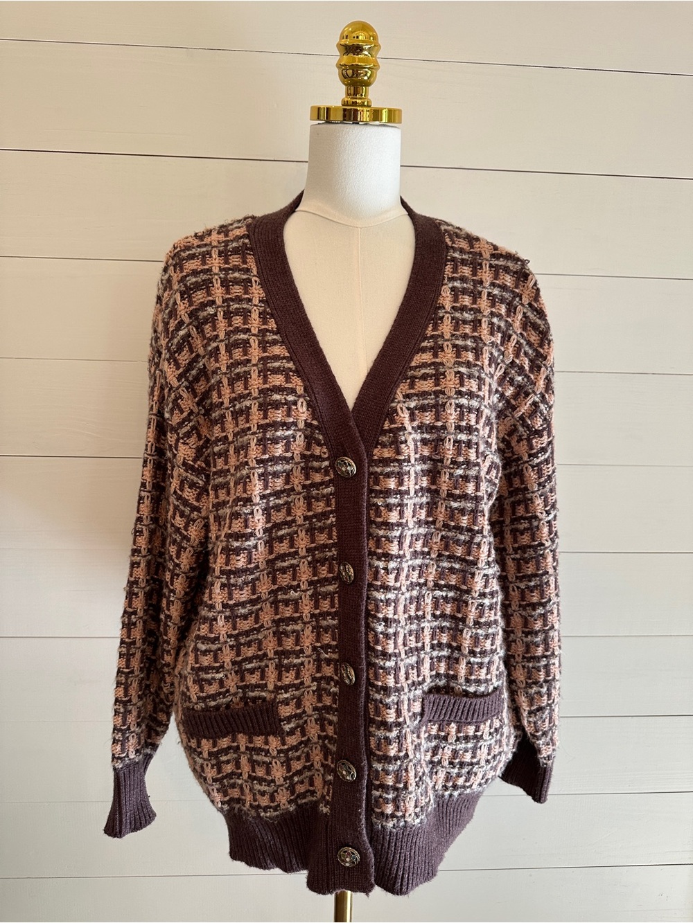 Zara Women's Chocolate Brown Patterned Button-Up Cardigan Sweater